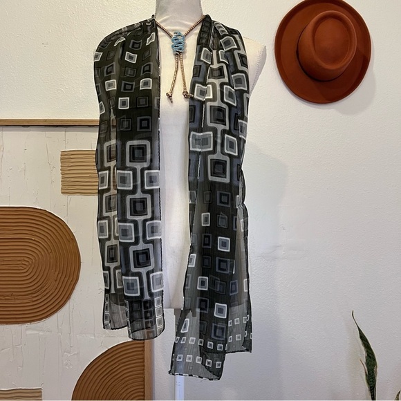 Vintage 90s Blue Green Mod Square Print Semi Sheer Long Wrap Scarf - Picture 7 of 7